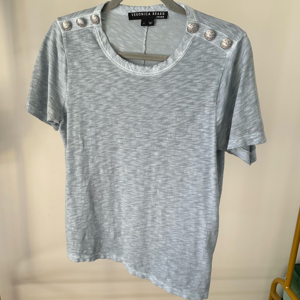 Veronica Beard Carla Crewneck Tee, Short Sleeve, Button-Shoulder Tee